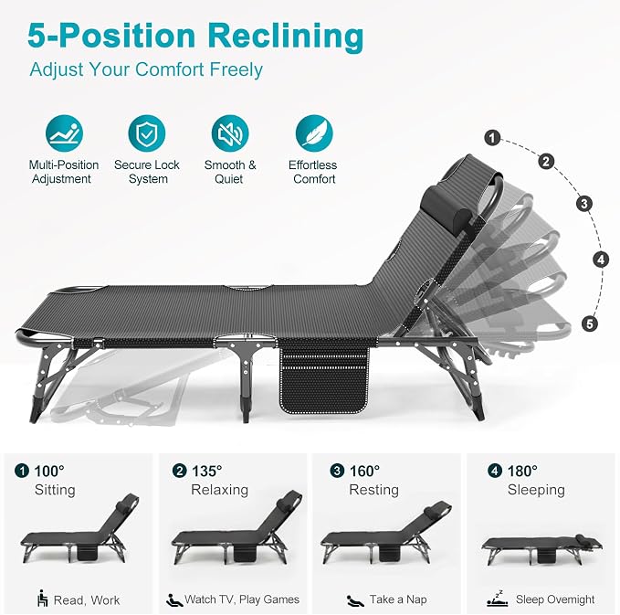 ABORON 2PK Oversized Chaise Lounge Chair, 5 Positions Padded Outdoor Tanning - Image 3