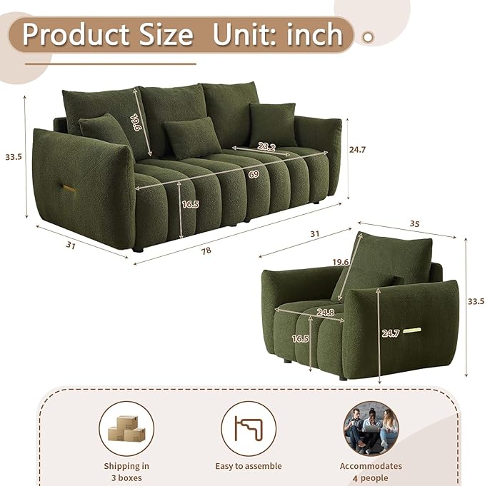 Antetek Teddy Sofa Set for Living Room, Modern Deep Seat Sofa Chair and - Image 2