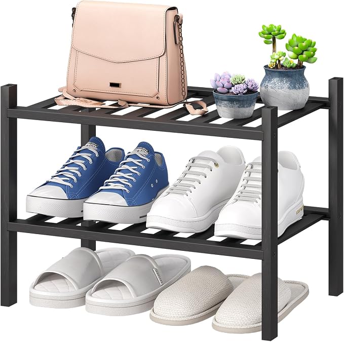 viewcare Black Small Shoe Rack for Entryway, 2-Tier Bamboo Shoe Organizer for by VIEWCARE