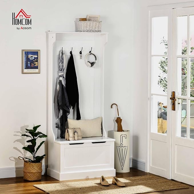 HOMCOM Hall Tree with Bench and Shoe Storage, 3-in-1 Entryway Bench with Coat - Image 2
