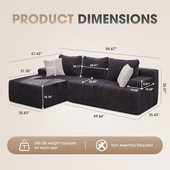 Hobestluk Modular Sectional Sofa Couches L-Shape Couch 3 Seat Modular Sofa - Image 2