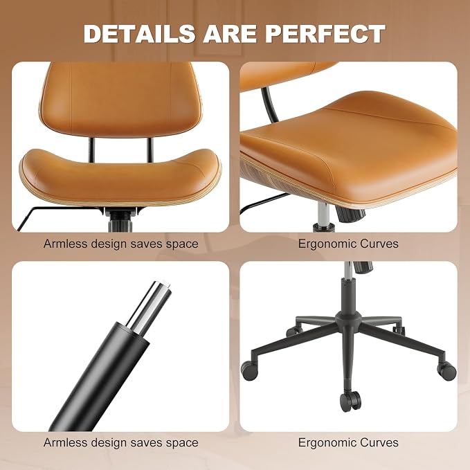 Armless Office Chair with Wheels, PU Leather Adjustable Height Desk Chair - Image 4