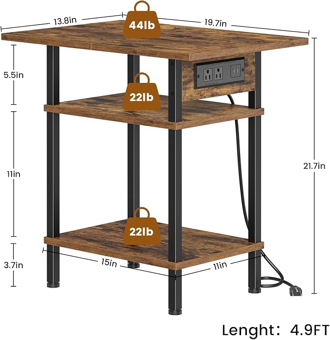 Asgolion Side Table with Charging Station, Skinny Nightstand with USB Ports and - Image 3