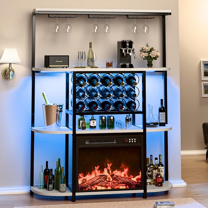 PUKAMI Bar Cabinet with Fireplace, Home Mini Bar Cabinet with Power Outlet and by PUKAMI