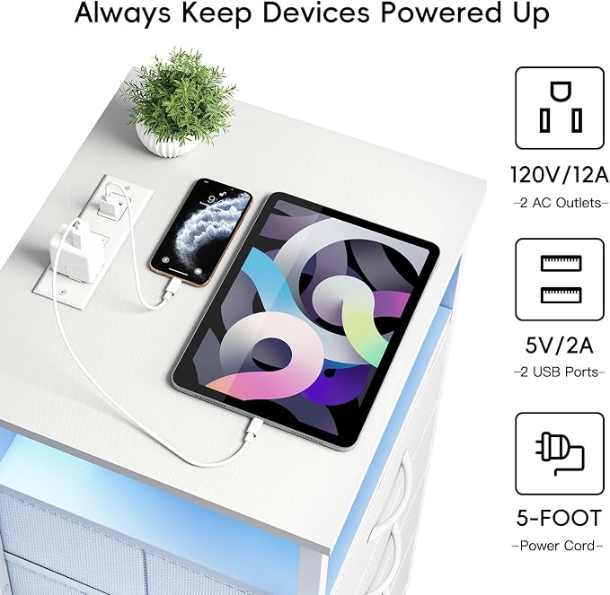 Fixwal White Nightstand with Charging Station, LED Night Stand with 3 Fabric - Image 5