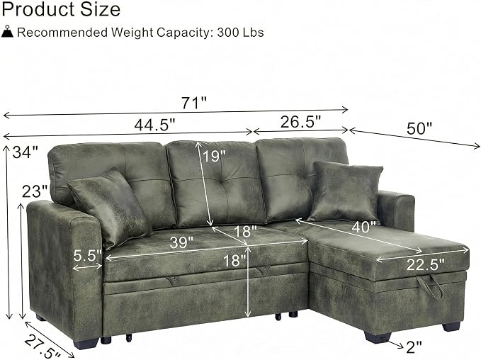 L Shaped Sectional Couch with Storage and Pull Out Bed, 3 Seater Sleeper Sofas - Image 3