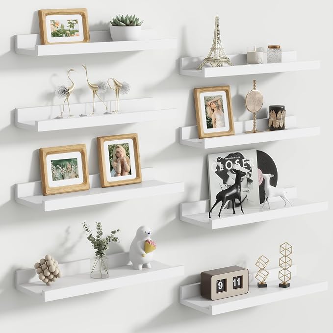 Floating Picture Ledge Shelves Set of 8, 16 Inch Solid Wood Wall Shelves by FLYJOE