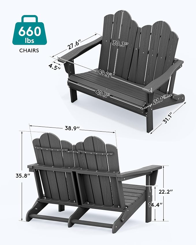 SERWALL Adirondack Bench, HDPE All-Weather Adirondack Loveseat, Outdoor - Image 3