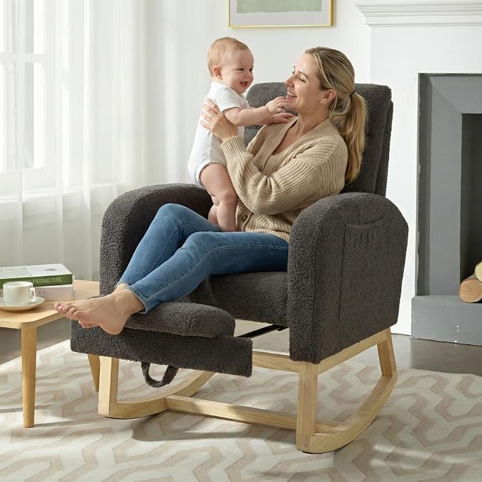 NIOIIKIT Modern Nursery Rocking Chair, Teddy Upholstered Rocking Chair - Image 3
