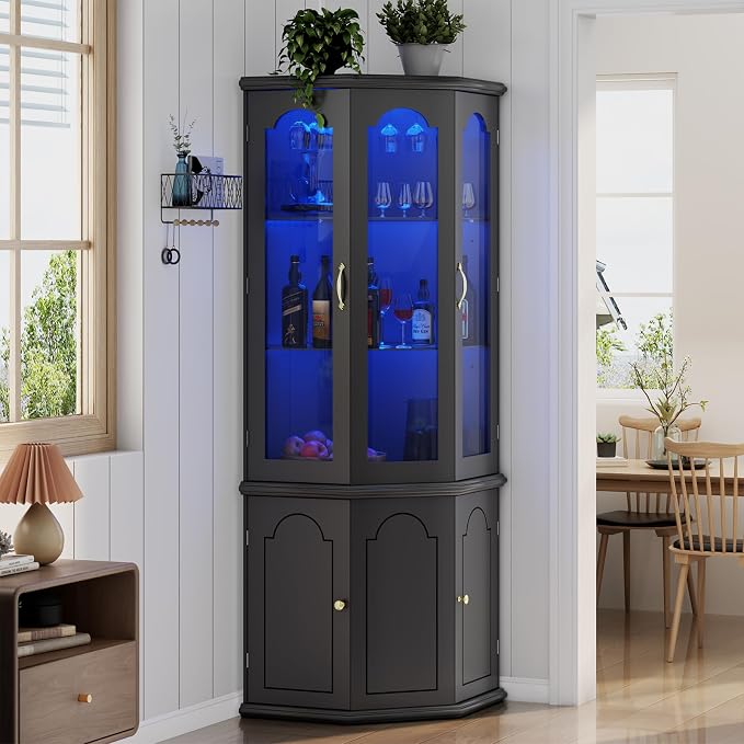 Gyfimoie Corner Bar Cabinet w/LED Lights, Tall Modern Wine Cabinet - Image 9