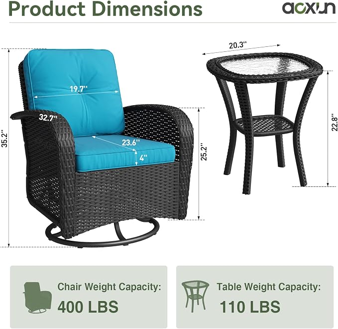 Aoxun 3 Pieces Patio Furniture Set, Patio Swivel Rocker Chairs Set of 2 - Image 8