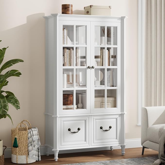 QUW 63" Tall Bookshelf with Glass Doors and Solid Wood Legs, Modern Book Shelf - Image 2