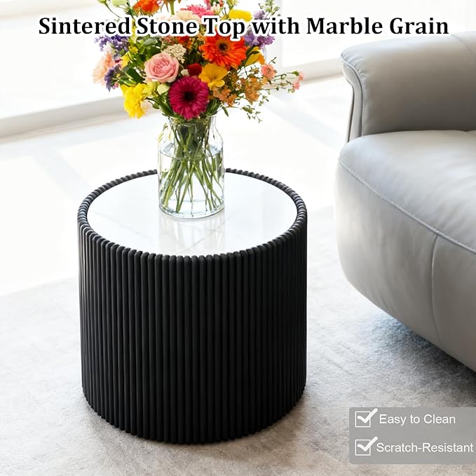 SSLine Round Drum Coffee Table Modern Sintered Stone Top Side End Table in - Image 6