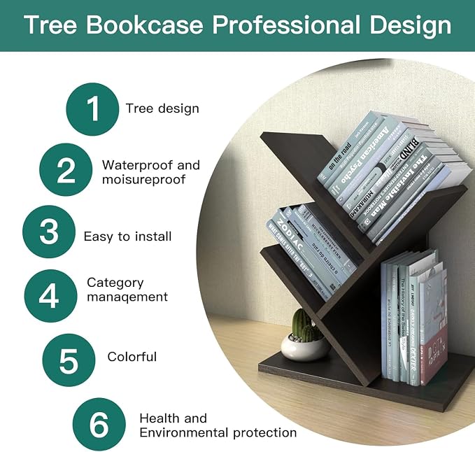 Godferyxin Tree Bookshelf, 3-Tier Wood Small Bookshelf and Mini Bookcase - Image 9