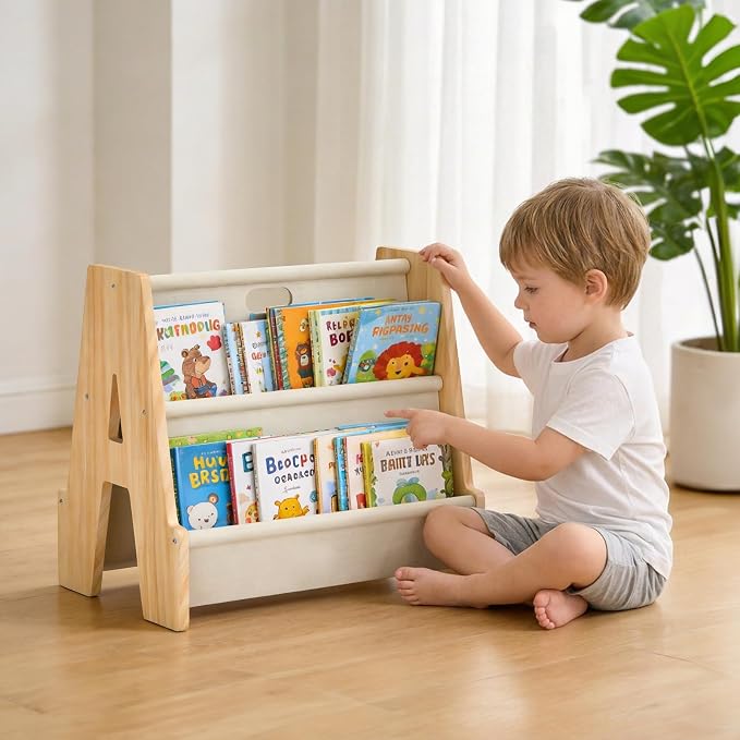 XiaZ Kids Bookshelf Wooden Montessori Toddler Bookshelf Solid Pine A-Frame by XiaZPet