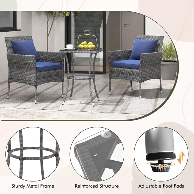Tangkula 3-Piece Patio Furniture Set, PE Wicker Conversation Bistro Set w/A - Image 5