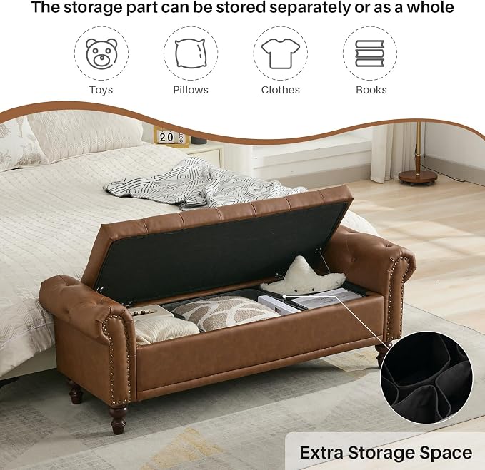 SOFTHION 58.1" Storage Bench Upholstered PU Leather End of Bedroom Bed Bench - Image 3
