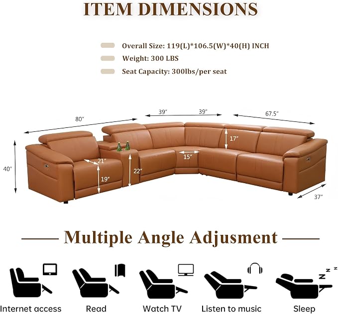 Power Recliner Sectional Sofa, L-Shaped Living Room Furniture Set, Light Brown - Image 2
