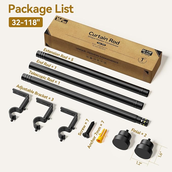 YaFex Curtain Rods 32-118 Inch, Heavy Duty 1 Inch Adjustable Curtain Rod - Image 7
