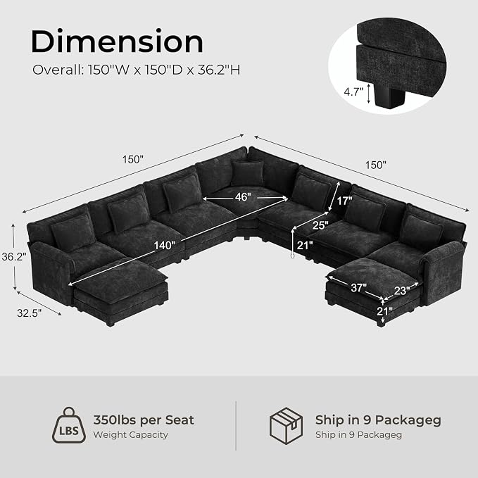 ELUCHANG 150" Oversized V-Shaped Cloud Couch Modular Sectional Sofa - Image 2