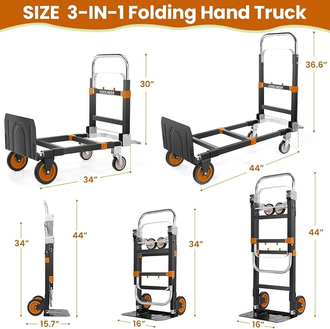 3-in-1 Folding Hand Trucks, 600Lbs Convertible Hand Truck Dolly, Heavy Duty - Image 2