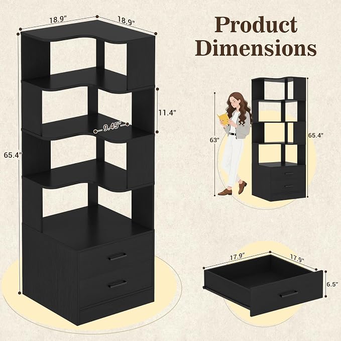 Armocity Corner Bookshelf with Drawers, 7 Tier Corner Book Shelf Display - Image 2