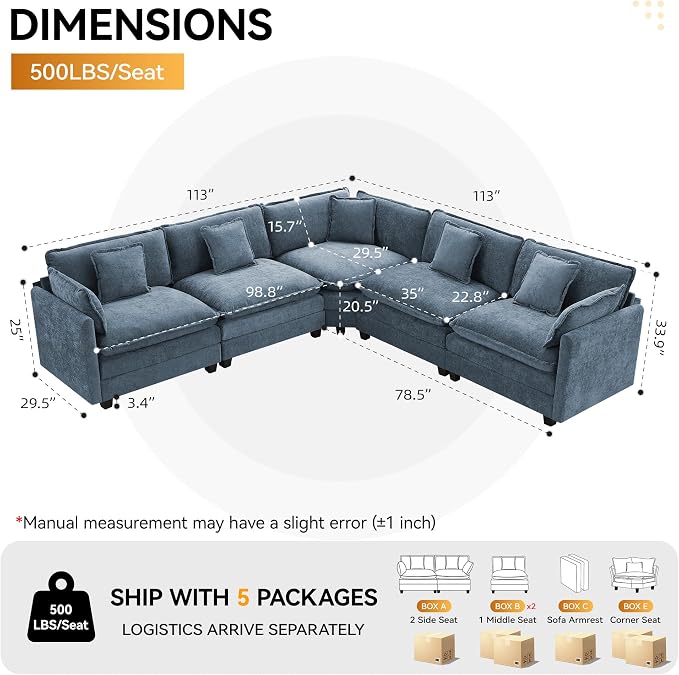 113'' V Shaped Cloud Sectional Sofa, Oversized Deep Seat Couches - Image 2