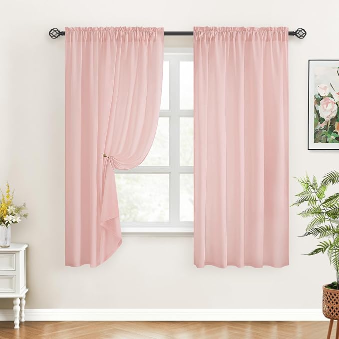 HOMEIDEAS Non-See-Through Blush Pink Privacy Sheer Curtains, 52 X 54 Inches - Image 2