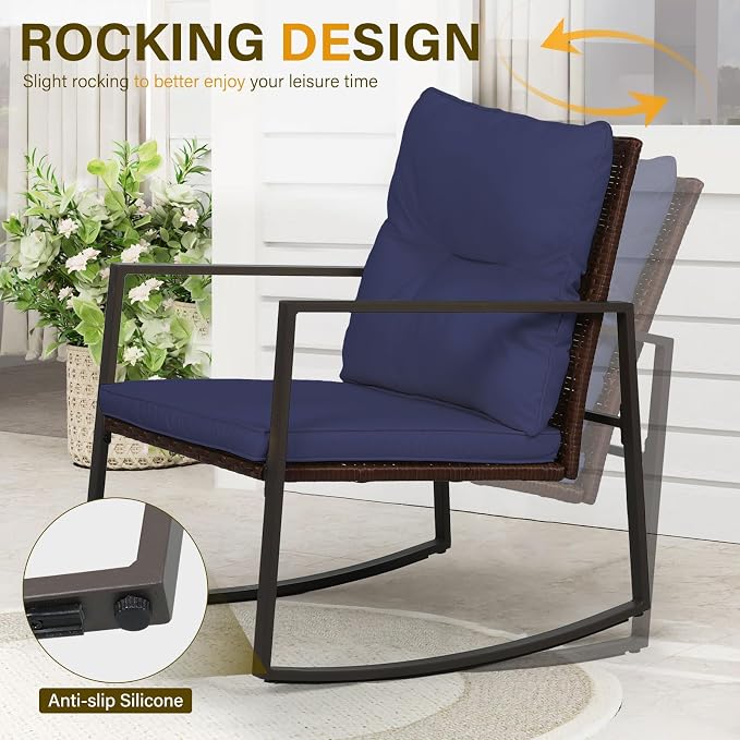 SUNCROWN 3 Piece Outdoor Rocking Bistro Set Brown Wicker Furniture Porch Chairs - Image 5