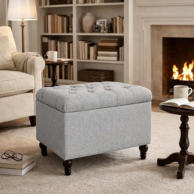Homepop Home Decor | Upholstered Button Tufted Storage Ottoman | Hinged Lid - Image 3