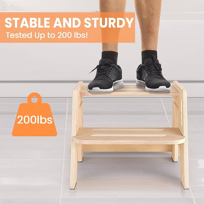 Toddler Step Stool, Wooden Height-Adjustable 2-Step Stool - Image 4