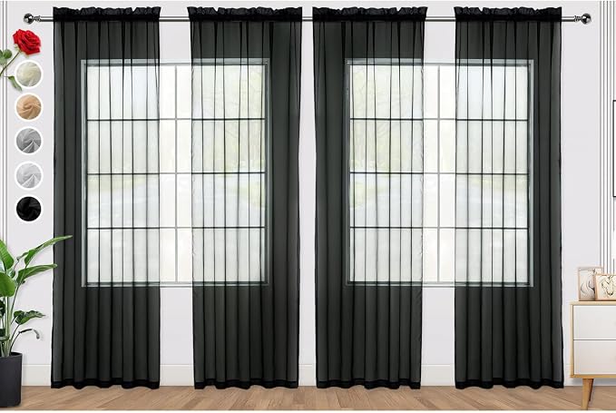 SpaceDresser Black Sheer Curtains 4 Panels Rod Pocket Semi-Sheer Curtain 63 by SpaceDresser