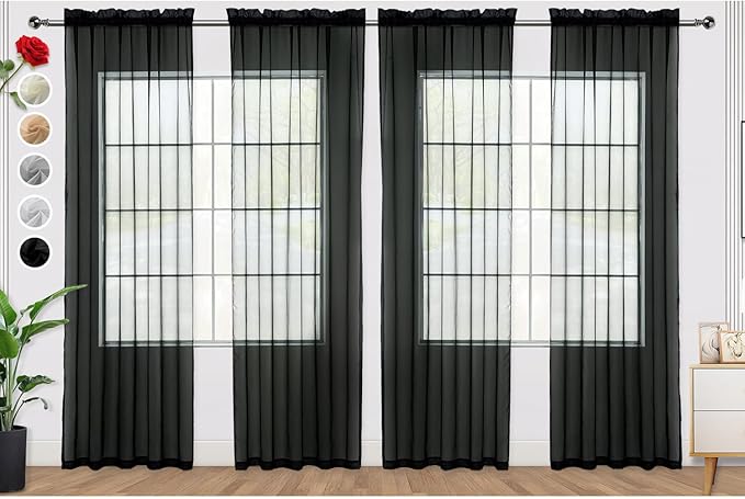 SpaceDresser Black Sheer Curtains 4 Panels Rod Pocket Semi-Sheer Curtain 72 by SpaceDresser