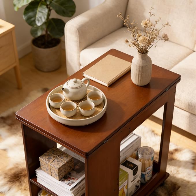 Folding Side Table with Storage Shelf, Space Saving Bamboo End Table with - Image 5