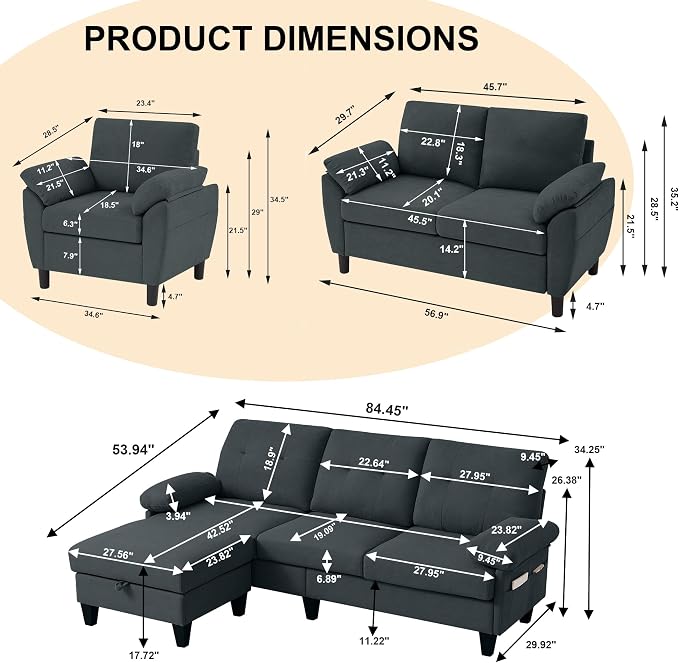 84" Convertible Sectional Sofa Set, 3 Seat L Shaped Couch - Image 2