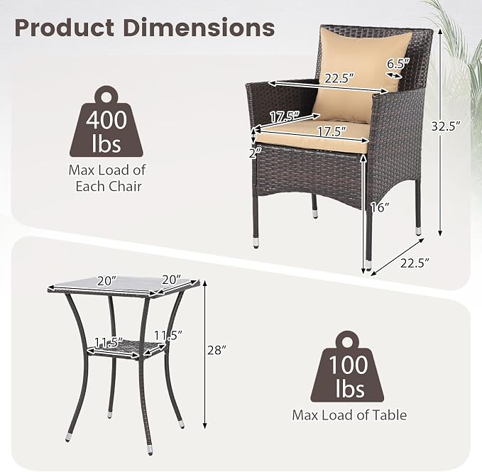 Tangkula 3 Pieces Patio Wicker Bistro Set, 2 Rattan Chairs w/ 2-Tier Tempered - Image 5