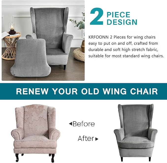KRFOONN Wingback Chair Cover Slipcovers 2 Piece Stretch Velvet Plush Wing Chair - Image 4