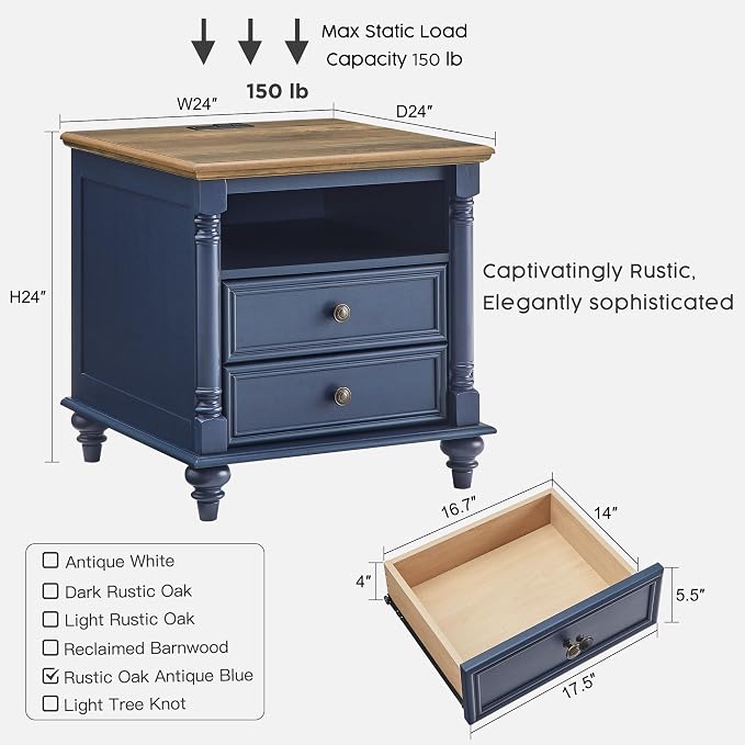 T4TREAM 24'' Farmhouse End Table w/4 Solid Wood Feet, Large 2 Drawers Wide Sofa - Image 2