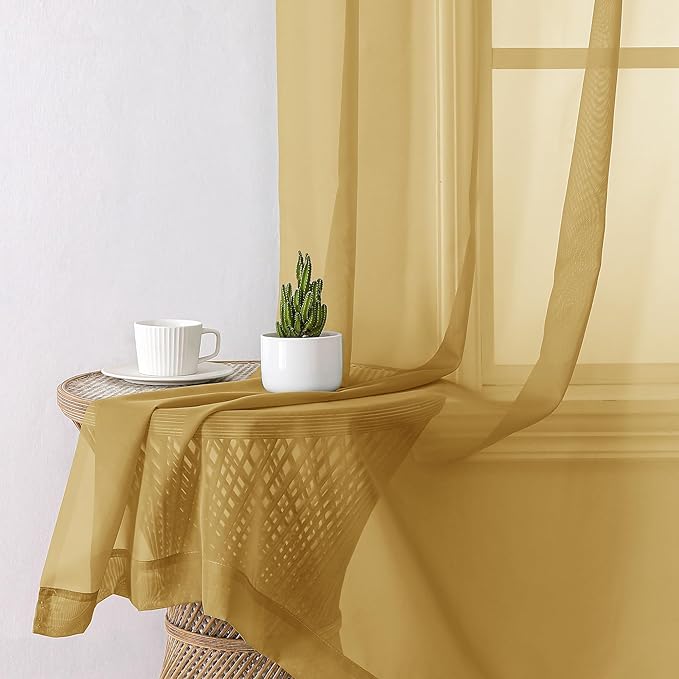 Aiyufeng Gold Sheer Curtain 84 Inches Long 2 Panels Set, Light Filtering Gold - Image 7