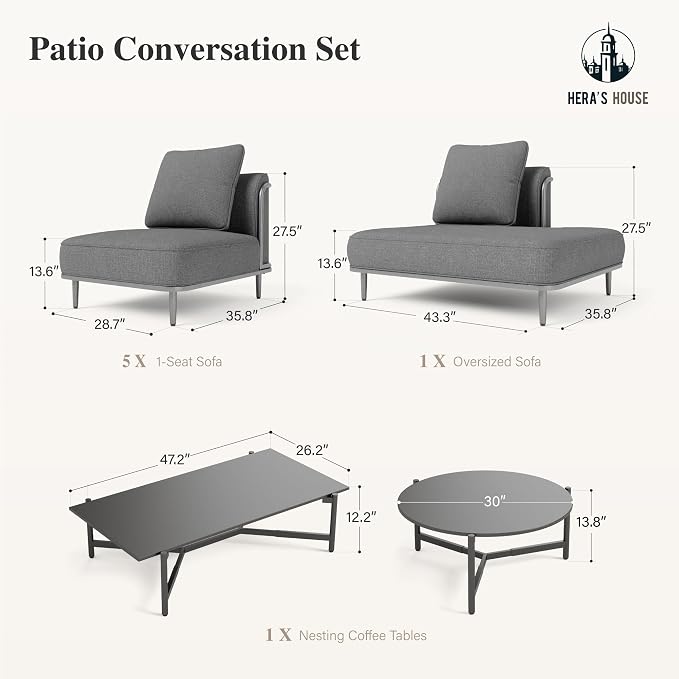 HERA'S HOUSE Metal Patio Furniture Set, Modular 7 Seats and 1 Nesting Coffee - Image 9