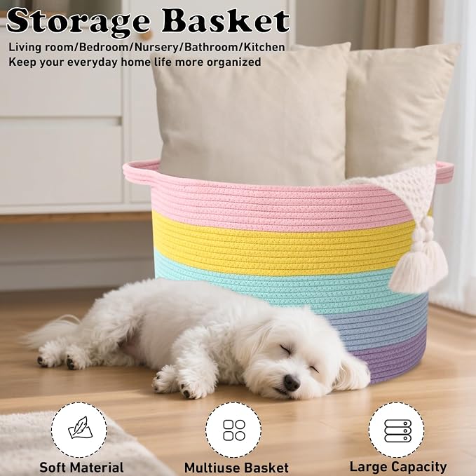 90L Large Blanket Basket, 21.7"L x 21.7"W x 13.8"H Rope Woven Baskets - Image 6