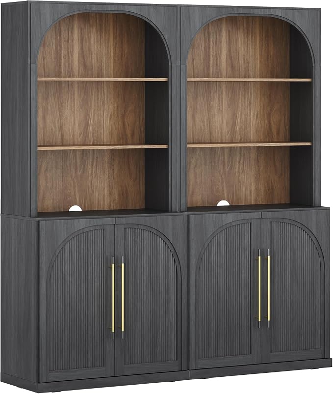 BELLEZE Storage Cabinet with Hutch Set of 2, Curved Styling Door Cabinet Curio - Image 7