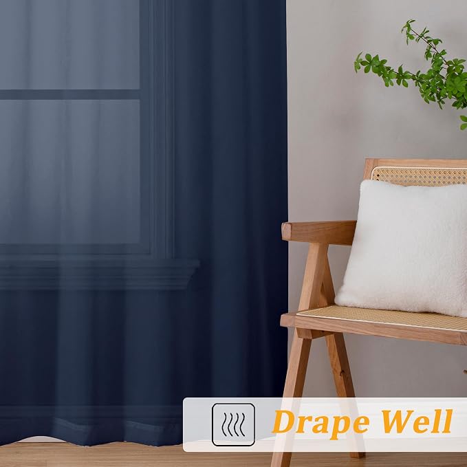 Gwine Navy Blue Sheer Curtains 90 Inches Long 2 Panels Set, Light Filtering - Image 6