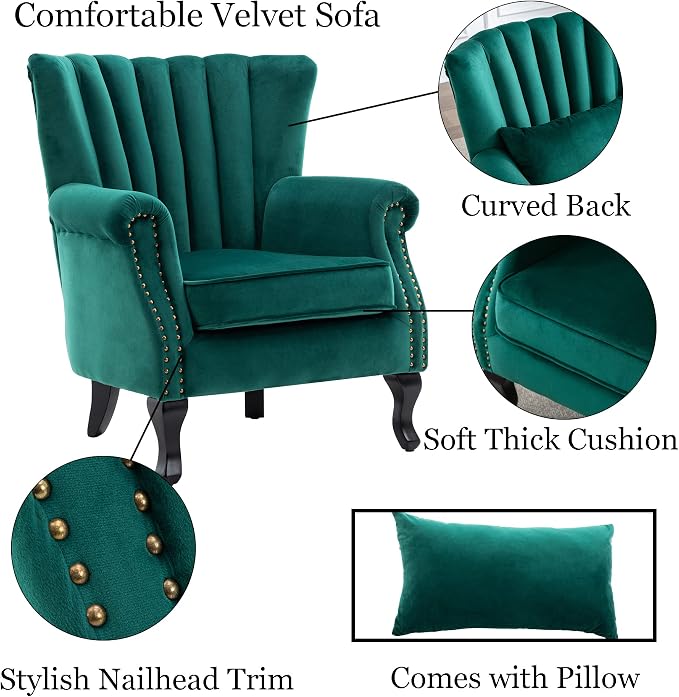 Mid Century Accent Chair Modern Tufted Wingback Armchairs Club Chair Velvet - Image 7