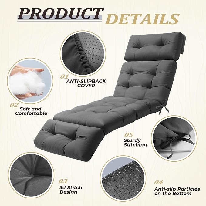 Outdoor Chaise Lounge Cushion, Waterproof 74.4x22x4.7 Inch Thick Cotton Filled - Image 5