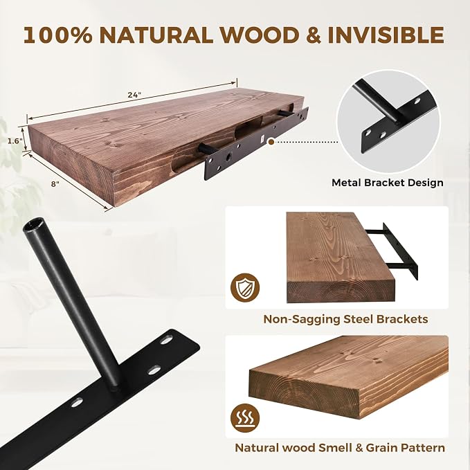 24x8x1.6 inch Floating Shelves Set of 2 – Solid Wood Rustic Brown Wall Mounted - Image 4