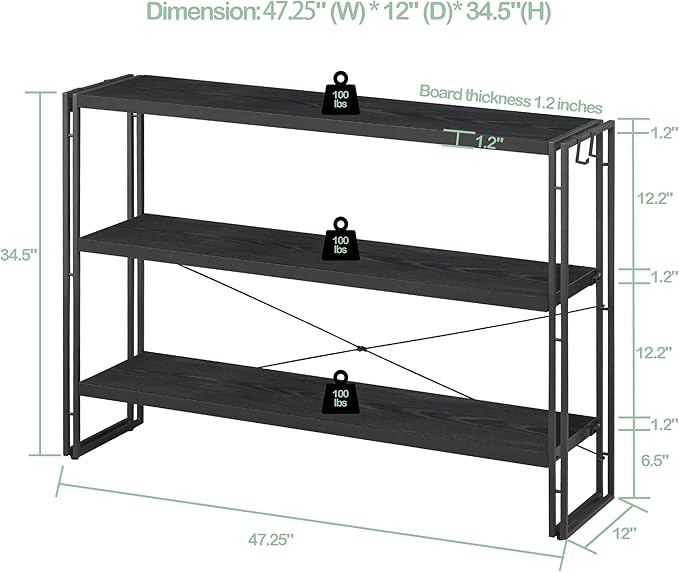HCHQHS Bookshelf, 3-Tier Industrial Bookcase, Freestanding Horizontal - Image 3