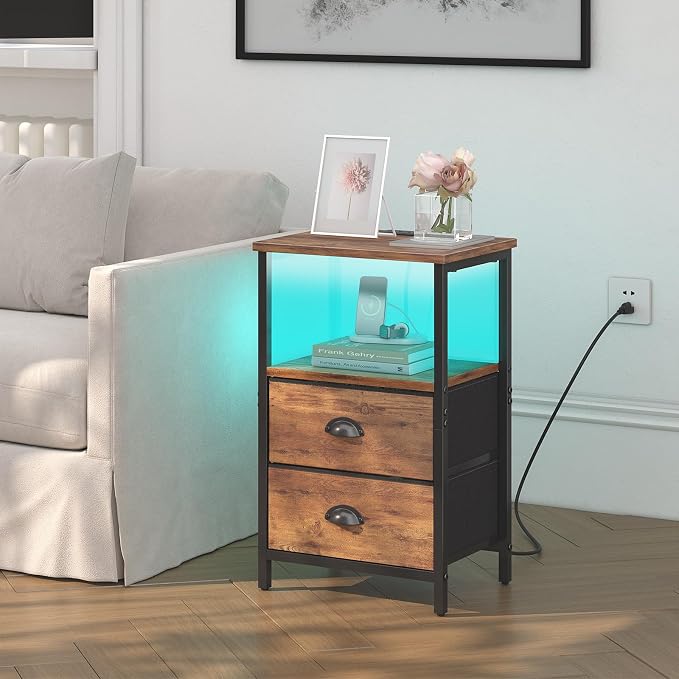 Sthmec Rustic Brown Industrial Nightstand Set of 2, Bedside Table - Image 2