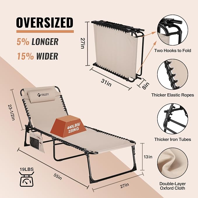 VILLEY Oversized Chaise Lounge Chair, Heavy-Duty Folding Outdoor Lounge Chair - Image 3