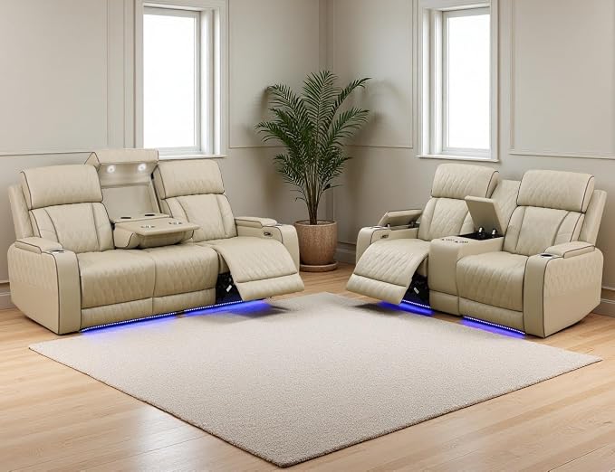 Leather Power Recliner Sofa Set, Living Room Furniture Sets, 2 Piece Reclining - Image 9